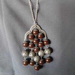 NWT Necklace Silver Pewter Color Metal Brown Art Deco